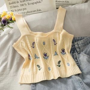HELIAR Flower Embroidery Knitted Crop Top